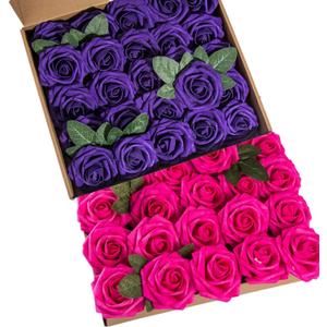 Hot Pink Foam Rose 50pcs Real Looking Fake Purple Rose with Stems Leaves for Home Decoration Party Garden Centerpieces DIY Wedding BouquetsHot Pink&Purple
