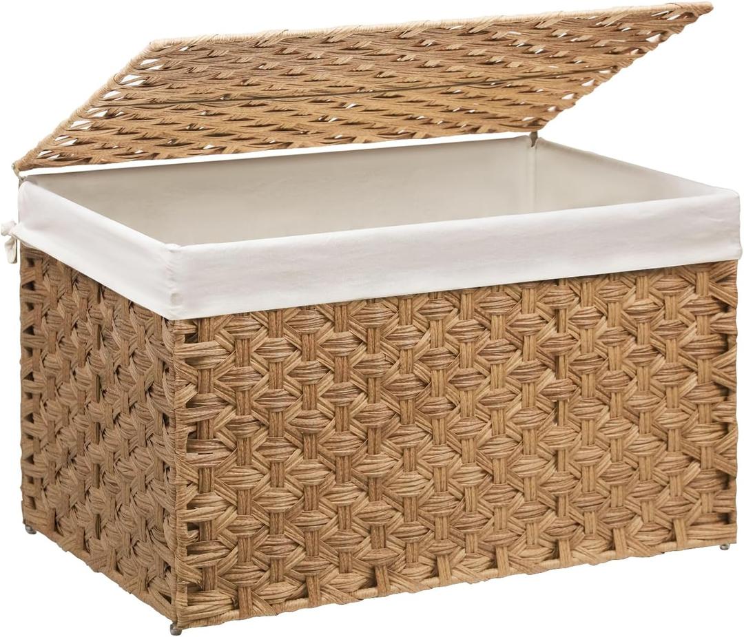 Wicker Storage Basket with Lid, 42.3 Gallon (160L) Large Blanket Basket with Lid, Woven Storage Bin with Handles, Removable Liner, Metal Frame, Foldable, for Bedroom, Laundry Room, Natural (160L:17.7 x 29.9 x 18.1 Inches)