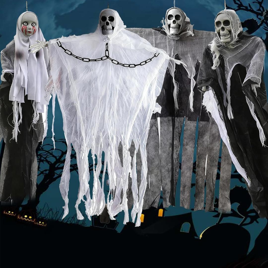 4 Pack Halloween Hanging Ghosts Skeleton Decorations, Grim Reaper with Chain Hanging Decor for Yard Patio Outside Lawn Garden Outdoor/Indoor