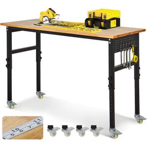 48" Adjustable Workbench, 2000 Lbs Capacity Rubber Wood Heavy Duty Work Table, 29.5"-39.4" Height Adjustable Workbench with Scales, Lockable Wheels & Pegboard, for Garage Workshop Office