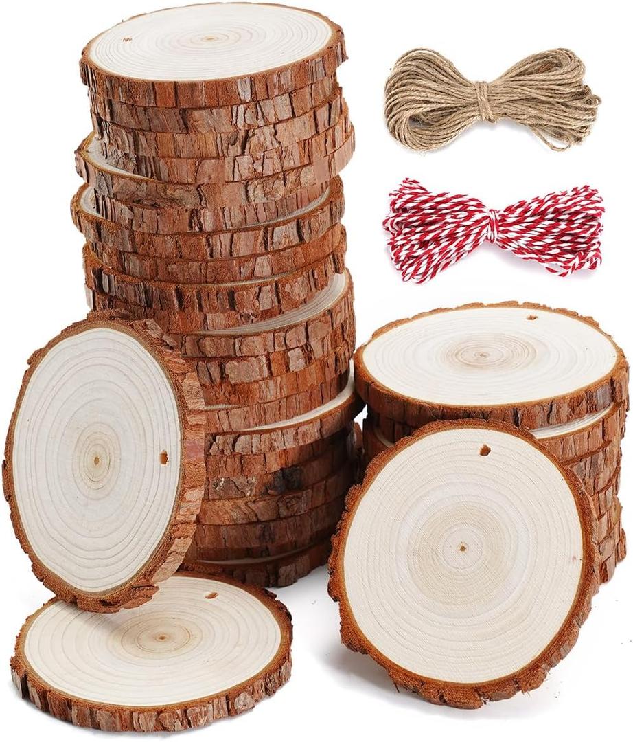 wohohoho 32pcs 3.6-4 inches Natural Wood Slices, Unfinished Craft Wood Kit Predrilled with Hole Thickened Wooden Circles with Bark for DIY Ornaments Christmas Wedding Decorations Wood Coasters Tags