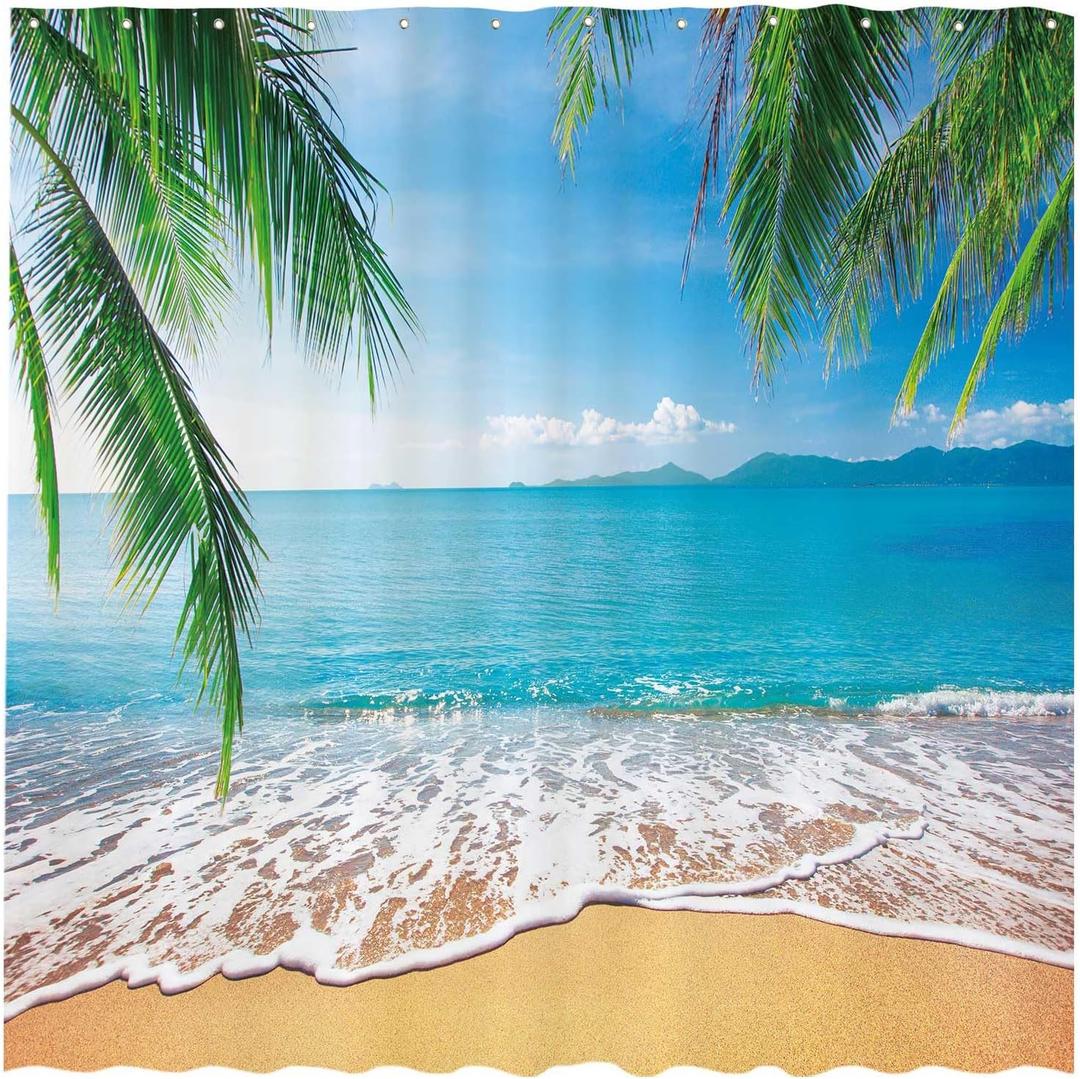 Allenjoy 72" x 72" Tropical Beach Shower Curtain Summer Seaside Scene Ocean Island Palm Tree Bathroom Decorations Curtain Durable Bathtub Showers Decor (Hooks Not Included)