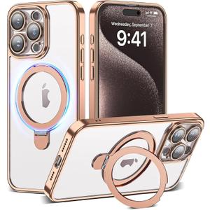 Compatible with iPhone 15 Pro Max Case with Magnetic Ring Stand [Camera Len Protectors][Compatible with Mag-Safe] Clear Plating Phone Case for iPhone 15 Pro Max 6.7",Desert Gold