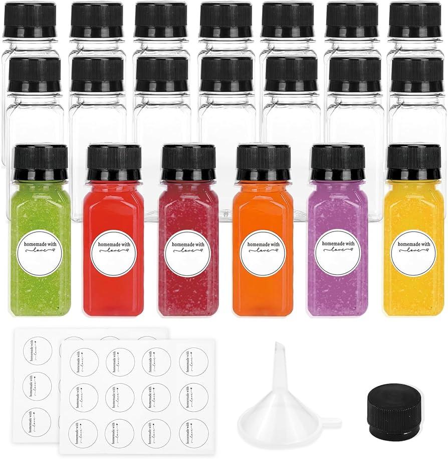 16 Pack 2 oz Shot Bottles with Caps, Mini Reusable Plastic Ginger Shots Bottle Leakproof Juice Shot Bottles with Lids for Juice, Oil and Liquid Samples, Small Containers for DIY, Travel
