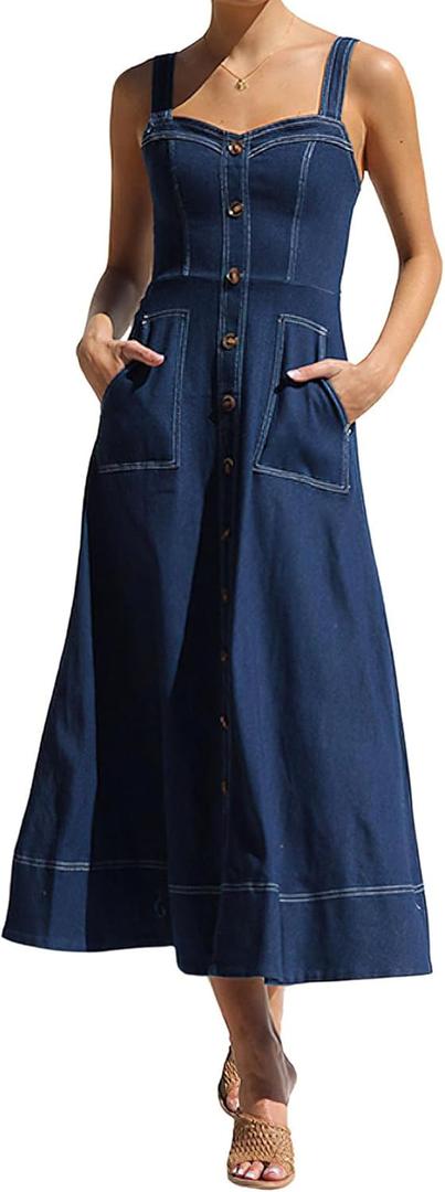 chouyatou Women's Adjustable Strap Midi Long Denim Dress 2024 Button Down A-Line Swing Flowy Jean Dress (X-Large, Dark Blue)