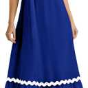 KIRUNDO Womens Summer Dresses 2025 Boho Spaghetti Strap Sleeveless Smocked Rickrack Trim Flowy Beach Vacation Midi Sundress (Small, Blue)