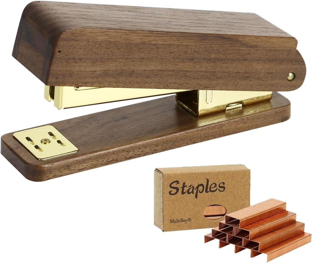 MultiBey Walnut Wood Stapler for Desk - Natural Woodgrain Stapler 25 Sheet Capacity with 1000 Staples, Jam Free, Retro Business Desktop Staplers Desk Accessories for Office Home School