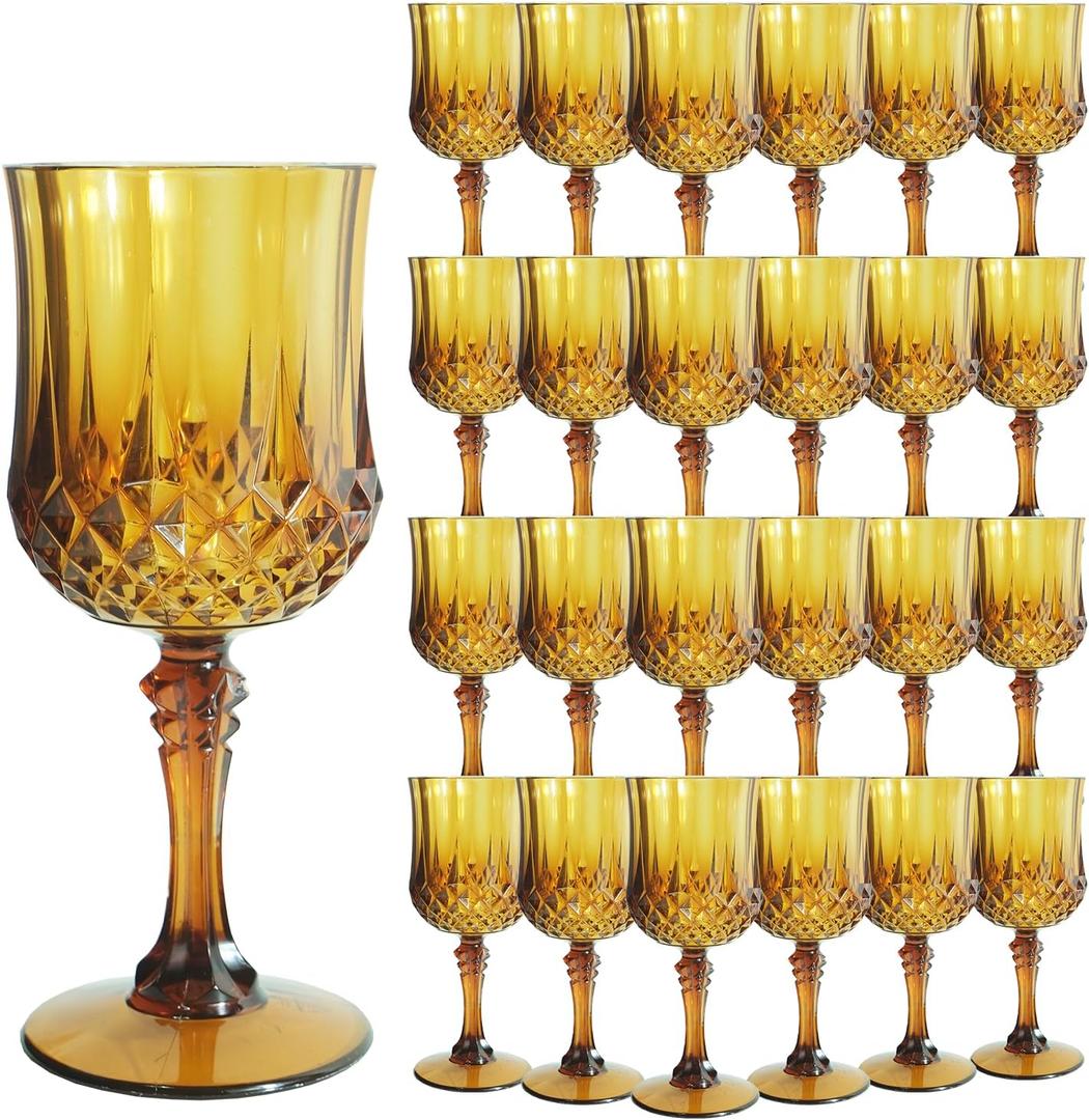 Plastic Wine Glasses Plastic Goblets Vintage Style Cordial Drinking Glasses for Wedding Reception, Grand Event Party Supplies (24, Amber)