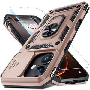 Janmitta Case for iPhone 11 Phone Cover Built in Slide Camera Lens Cover+Screen Protector,Heavy Duty Shockproof Full Body PhoneCase with Finger Ring Holder Kickstand,Rose Gold
