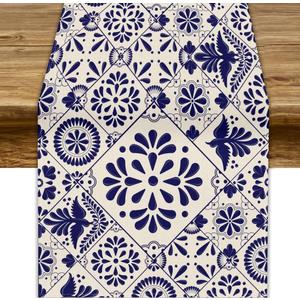 Traditional Mexican Table Runner, Talavera Style Beige Mexican Floral Bird Print Table Runner Holiday Home Picnic Party Dining Room Kitchen Decor, 13x120inch