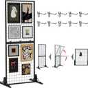Mesh Wall Display Panel Heavy Duty Foldable, 2ft x 6ft Black Wire Wall Grid 1 Pack with 10 Hooks, Spring Load Pin (Flat Base) for Retail Display Stand, Supplier Showcase, Trr ade Exhibit