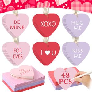 48 Set Valentine's Day Conversation Heart Cards Bulk with Envelopes and Hanging Rope Unique Shaped Greeting Cards Gift Hanging Ornament for Holiday Decoration