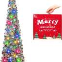 MACTING Christmas 5FT Pop Up Tree with 50 LED Lights Collapsible Tinsel Tree Easy-Assembly Coastal Glitter Pencil Tree for Apartment Party Winter Christmas Mothers Day Decorations(Silver-Mix)