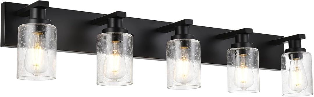 5-Lights Farmhouse Bathroom Vanity Light in Black Finish Wall Mount Lighting Fixtures with Seeded Glass for Mirror Cabinet Kitchen Bedroom