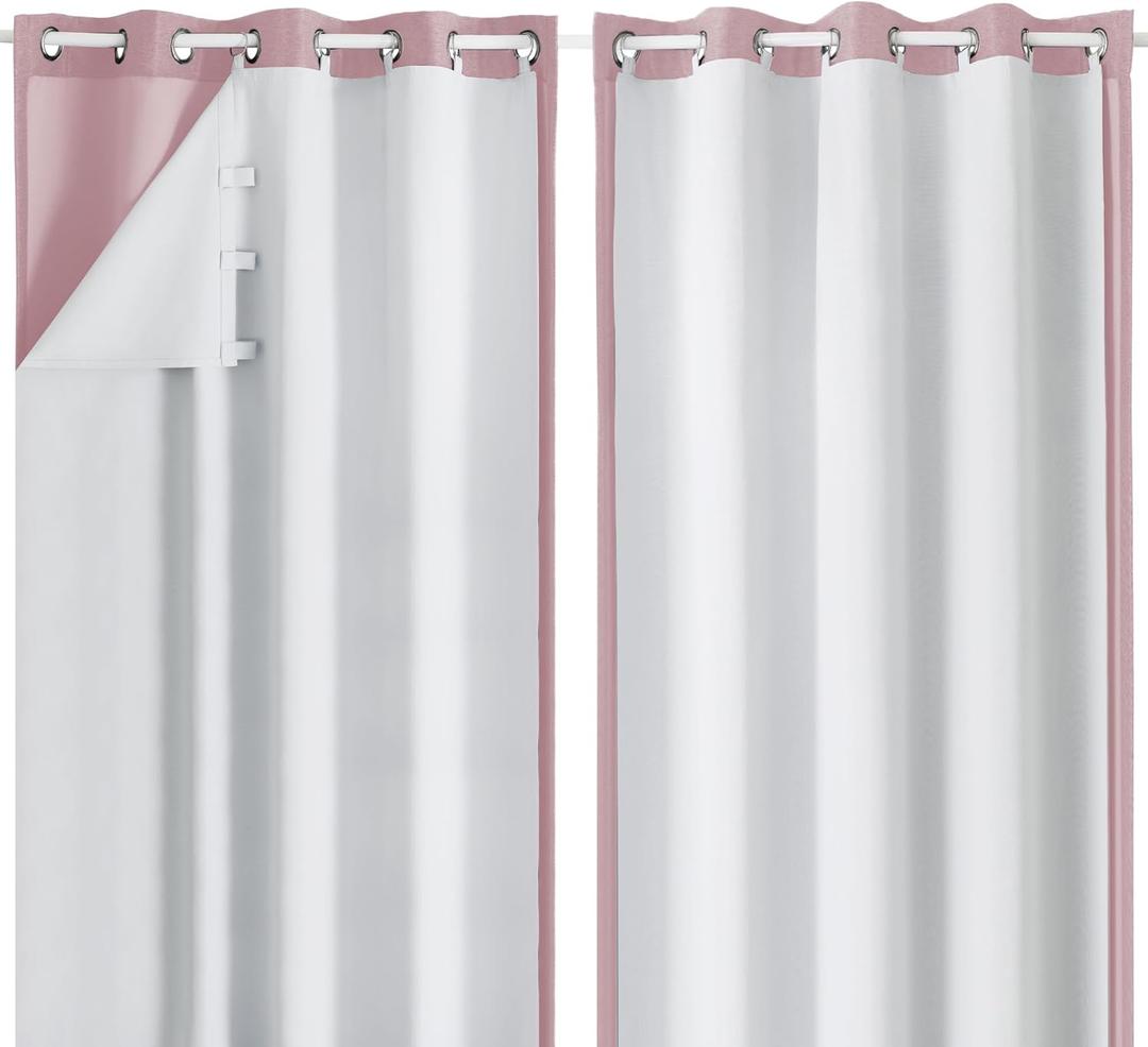 Simplebrand 100% Blackout Greyish White Curtain Liners 2 Panles Set, 100% Darkening Blackout Thermal Insulated Curtain Liner for 95 96 Inch Living Room Curtain with 18 Pieces Rings, 50W x 92" L