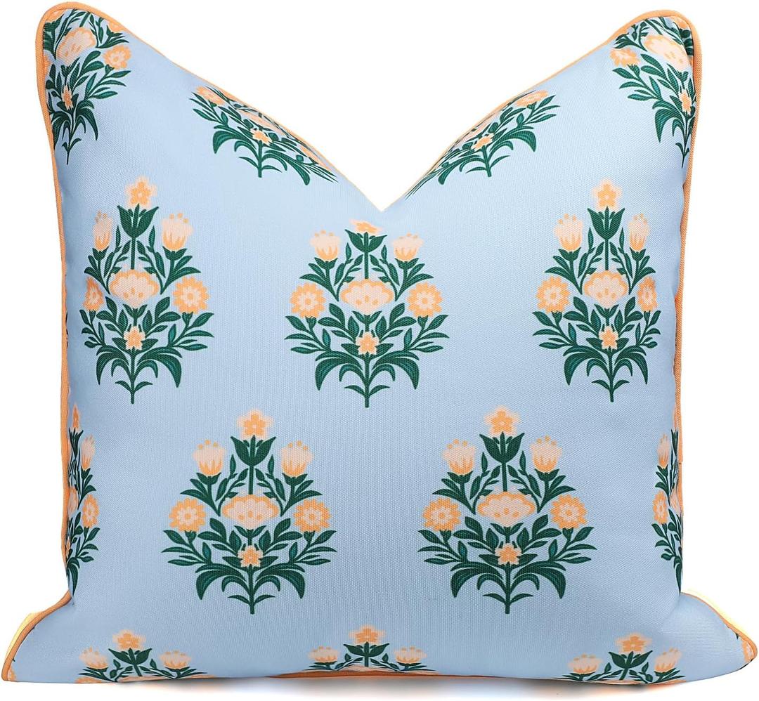 Coastal Indoor Outdoor Throw Pillow Cover ONLY, 18"x18" Water Repellent for Couch, Patio, Backyard, Baby Blue Orange Floral with Piping