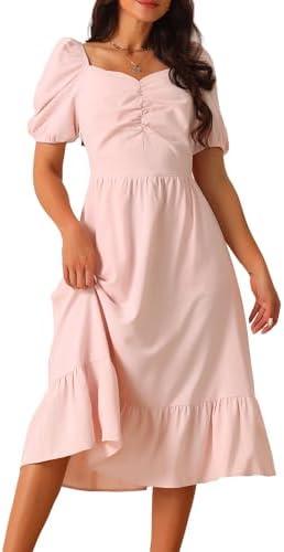 Prettygarden Women's Summer Dresses Casual Flowy Beach Sweetheart Neck Puff Short Sleeve Smocked Back Midi Dress with Pockets, XL
