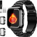 Compatible with Apple Watch Band 44mm, Stainless Steel iWatch Bands with 2 Pack Tempered Glass Screen Case for Series 10/9 Ultra 2 8/7/6/5/4/3/2/1/SE for Men