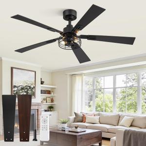 1 Pack Farmhouse 48 Inch Ceiling Fans with Lights, Black Industrial Caged Ceiling Fans for Bedroom Living Room, Double-Sided 5 Blades Rustic Ceiling Fan-Black