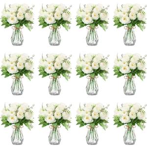 Zeyune 37 Pack Artificial Peonies Flowers with Bud Vase Bulk 24 Bundles Silk Peonies Bouquets 12 Plastic Clear Vase with 1 Rope Fake Flowers for Table Centerpiece Vases(White,Perfume)