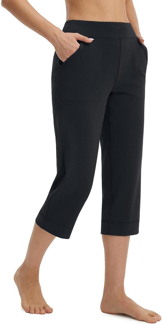 baleaf Womens Capri Pants High Waisted Straight Leg Yoga Capris Leggings with Pockets Crop Workout 21" Summer Pants (Black, XXL)