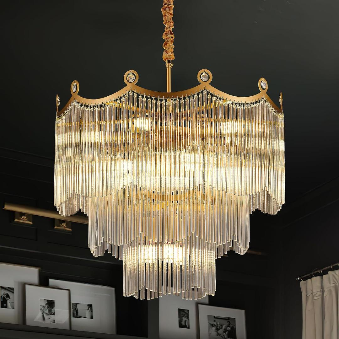 23.1" Modern Glass Gold Chandelier Light Fixture Luxury Glam 3-Tier Crystal Chandeliers for Dining Room 13-Light Round Hanging Ceiling Pendant Lighting for Living Room Bedroom Entrance Foyer, 23.1" x 23.6", Chandelier