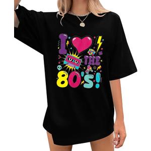 Oversized 80s Outfits for Women I Love The 80s Shirt Vintage neon Shirts for Birthday Party Gift Casual Short Sleeve Top, 2XL