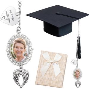 Bylion Pack of 2 Custom Memorial Graduation Cap Photo Charm Class of 2025 Tassel Charms I Always with You Memorial Ceremony College Gift DIY Photo Chain Wear on Cap for Graduation (Silver)