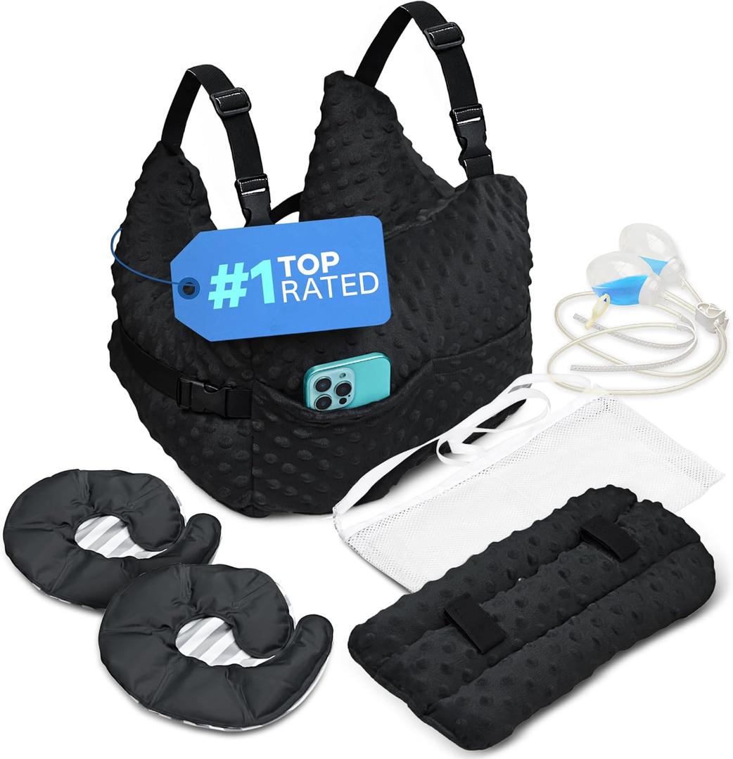 Zomaple Mastectomy Recovery Pillow with Strap, Swirly Gel Pack, Seat Belt Cover & Shower Lanyard  Post-Op Essentials, Breast Augmentation/Reduction & Recovery Supplies  Washable Cover for Comfort (Black)