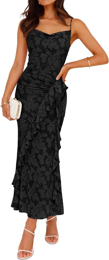 ZESICA Women's Summer Floral Sleeveless Bodycon Dress 2026 Square Neck Ruched Wedding Guest Party Maxi Dresses