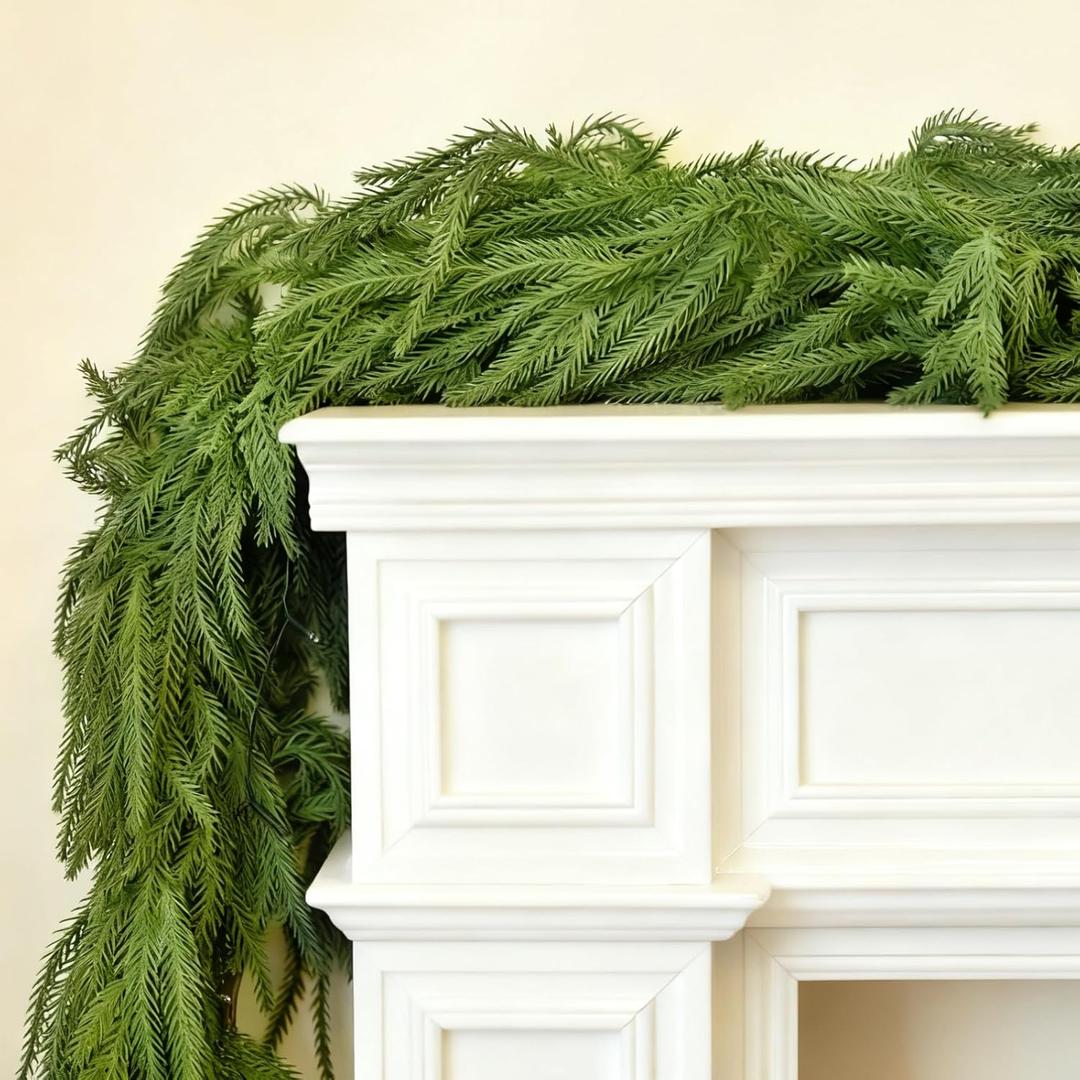 9FT Real Touch Norfolk Pine Christmas Garland with Lights Winter Artificial Faux Greenery Garland for Table Mantle Stairs Fireplace Wall Decor Outdoor Indoor Home Decorations (Battery Not Included)