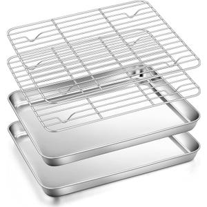 4Pcs Baking Sheet Pan with Rack Set, Joyfair Stainless Steel Oven Rectangular Pans Tray & Cooling Racks for Cookie/Jelly Roll/Bacon, Commercial Metal & Rust-free, Dishwasher Safe (10.4 Inch)