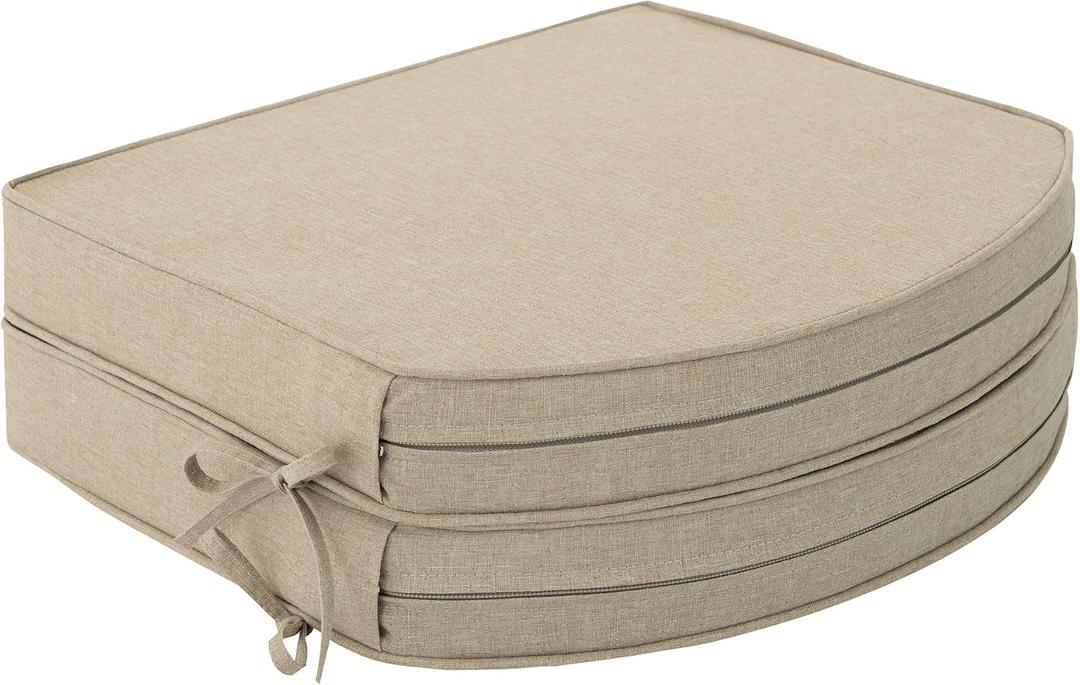 Outdoor Chair Cushions, Fade-Resistant & Water-Resistant, D Shaped Patio Furniture Seat Chair Pads Replacement with Ties, Non-Slip Bottom, Removable Cover, Set of 2, 17 x 16 Inch, Natural