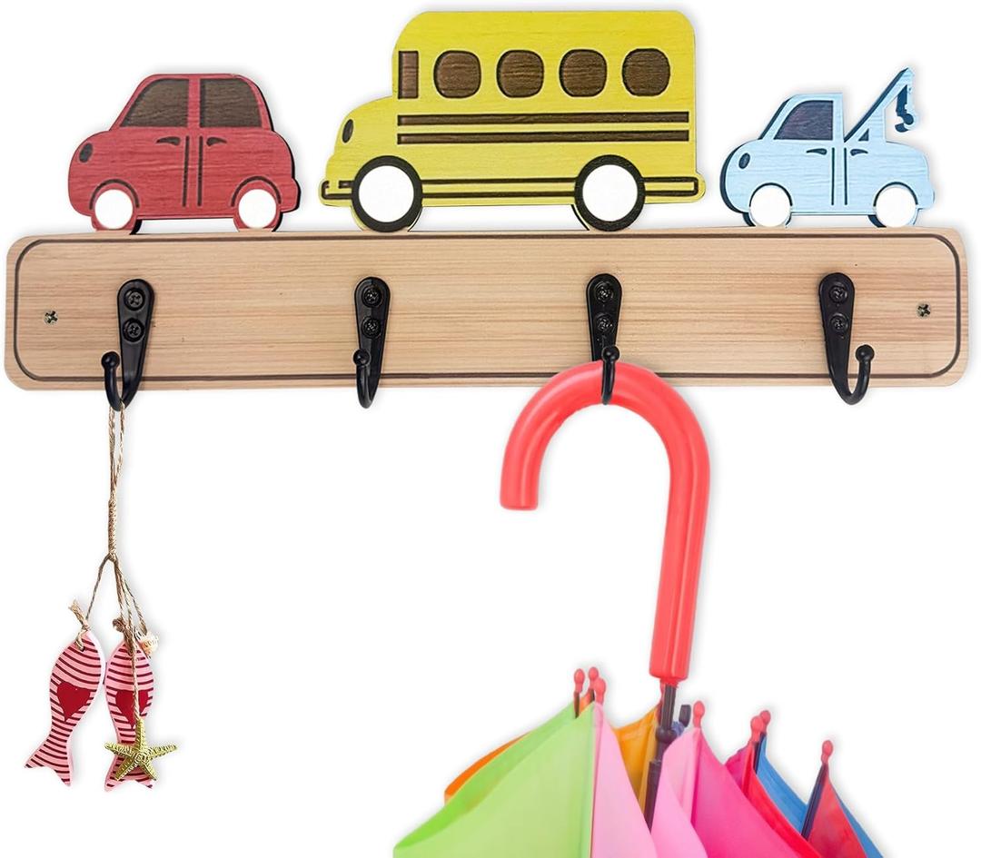 Wood Decorative Kids Wall Hooks for Hanging Giraffe Elephant Safari Nursery Decor for Clothes Hats Robes (car)
