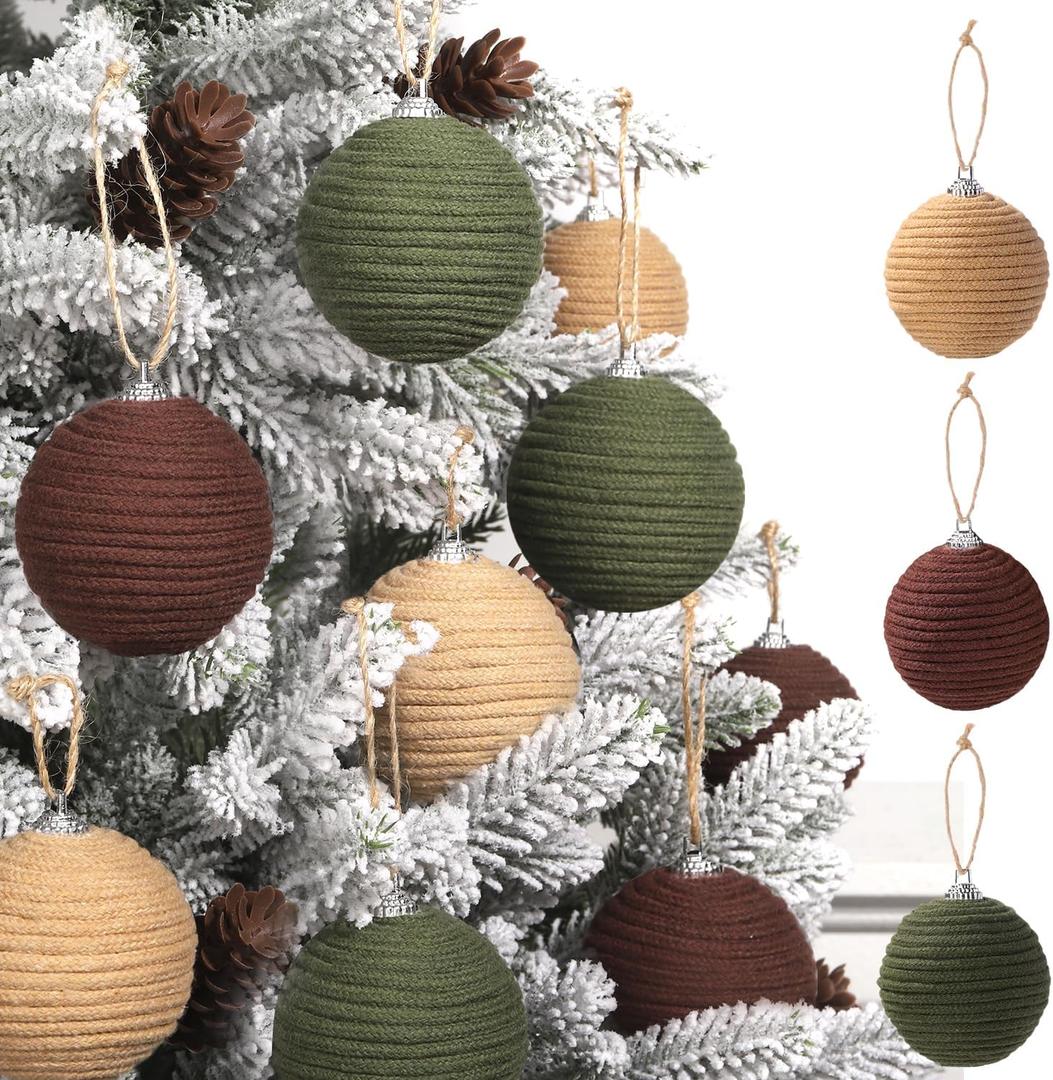 JOICEE 9 Pcs Boho Christmas Ball Ornaments Set, Jute Rope Hanging Balls Neutral Rustic Ornaments Christmas Ball Decoration for Xmas Tree Wreath Garland Party Farmhouse Decor(Green, Linen,Dark Brown)