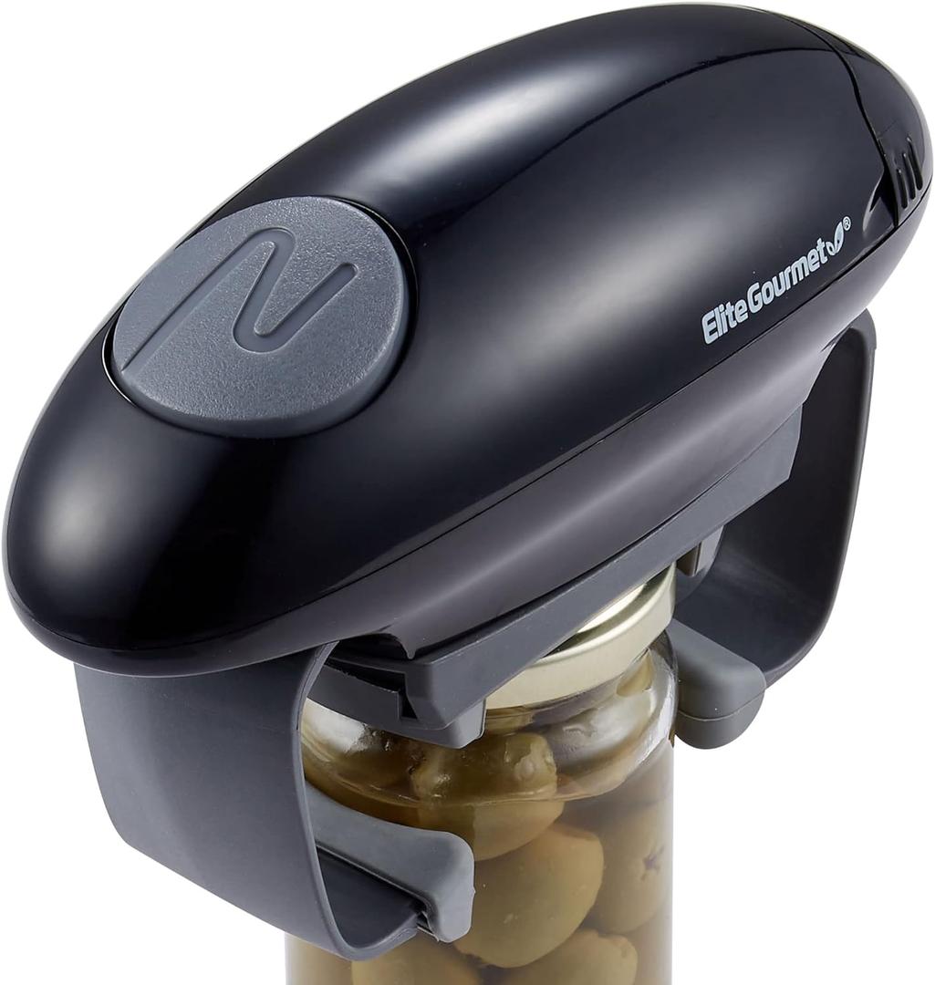 Elite Gourmet EJO800 High Power Torque Automatic Battery Operated Electric Jar Opener, One-Touch Electric Operation, Easily Remove Most-Size Lids with Auto-Size Guides, Black/Gray (Single)