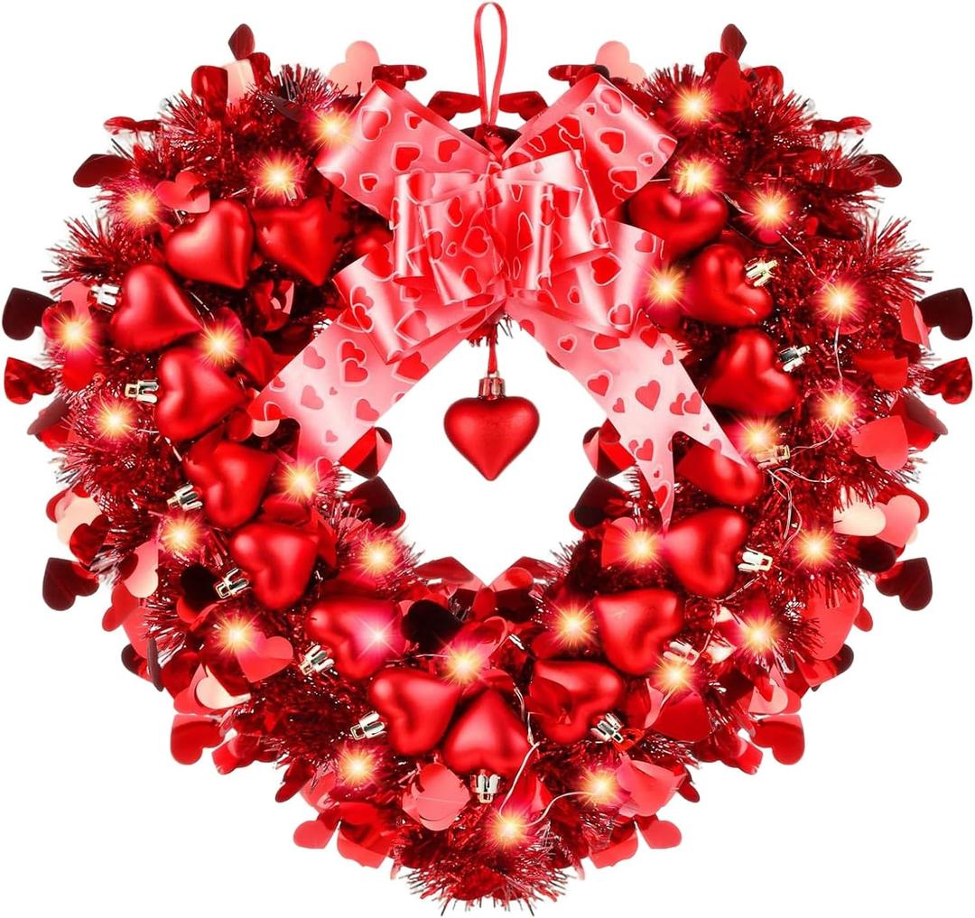 14'' Valentines Day Heart Wreath for Front Door with Bow and String Lights Red Wire Heart Shaped Wreath Perfect for Front Door, Wall, Window, Valentines Day Door Decor, Wedding Party Romantic Decor
