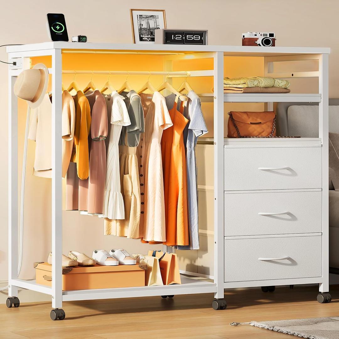 WLIVE White Dresser with Hanging Rack for Bedroom, 3 Drawer Dresser with LED Lights & Charging Station, Fabric Dressers & Chest of Drawers, Storage Organizer with Open Shelves for Living Room