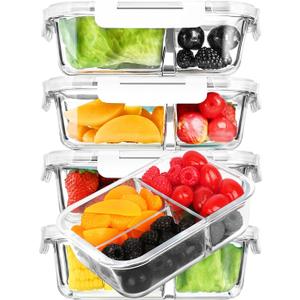 M MCIRCO [5-Pack,36 oz] Glass Meal Prep Containers 3 Compartment with Lids, Glass Lunch Containers,Food Prep Lunch Box,Bento Box, Microwave, Oven, Freezer, Dishwasher (4.5 Cups, White)