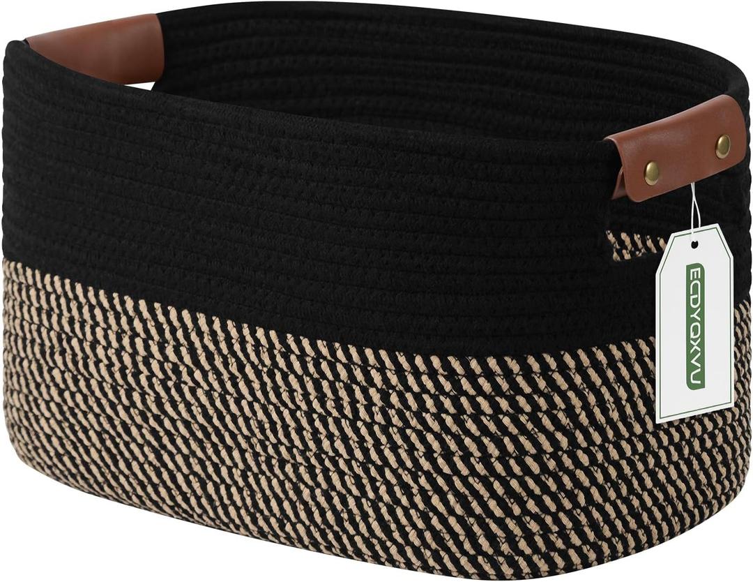 Cotton Rope Basket, Storage Baskets with Handle, 15x10x9 Inch Woven Basket for Shelves, Laundry, Towels, Clothes, Books, (Black Brown 1 Pack)