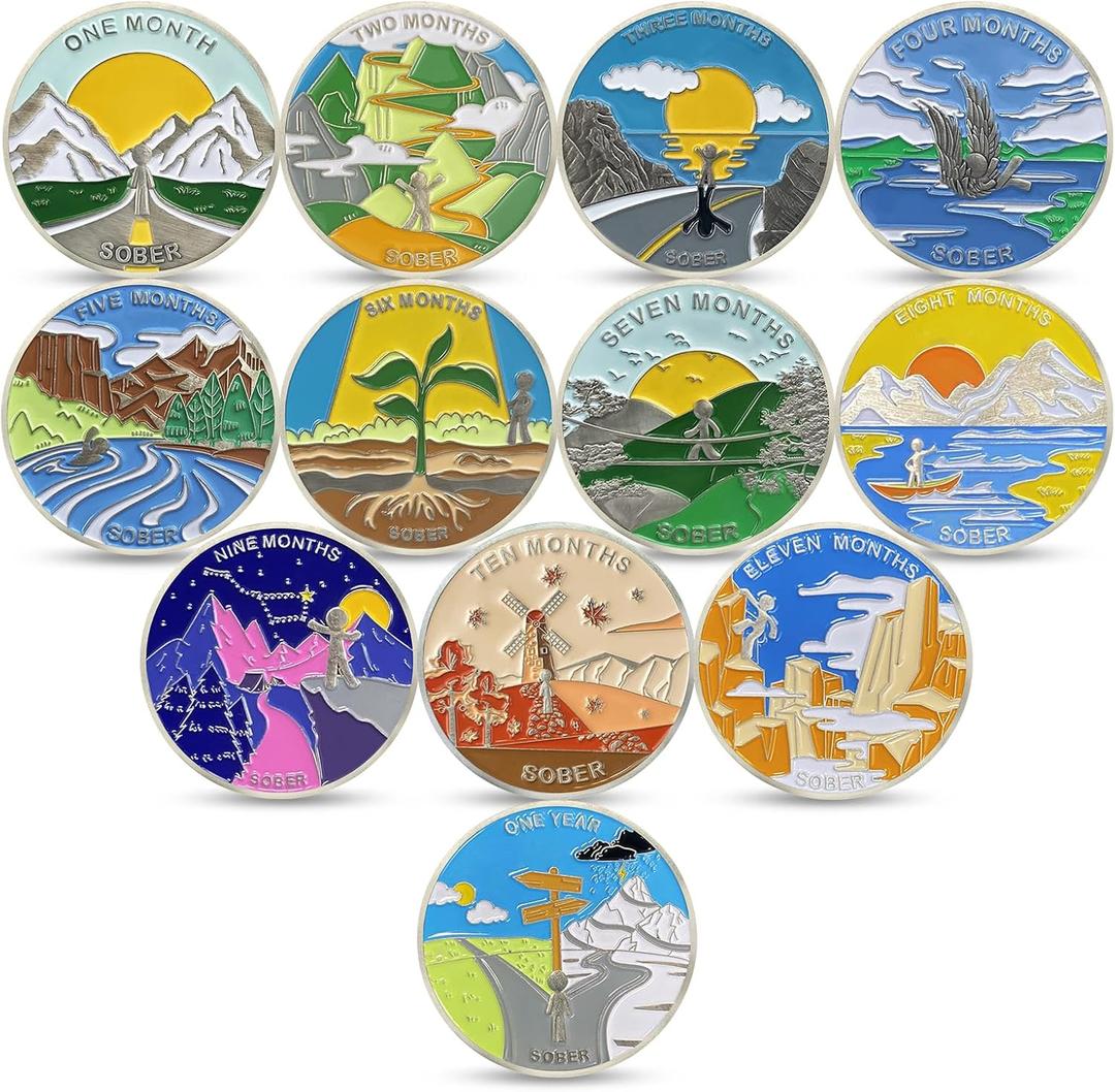 12Pcs Sobriety Coin Monthly Milestone, 1-12 Months Sobriety Chip Set, AA Chips and Medallions Sobriety Gifts for Men Women Alcoholics Anonymous Gifts(Set of 12)