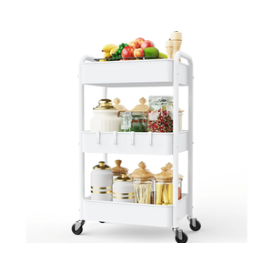 LEHOM 3 Tier Rolling Storage Cart, Metal Trolley Utility Cart with Wheels & Hooks, Easy Assembly Organizer Storage Cart for Bathroom Kitchen Office Bedroom