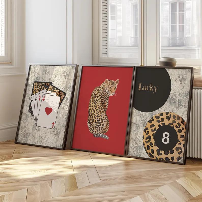 3pcs Framed Cheetah Leopard Bows Lucky 8 Ball Art Poster Aesthetic Girly Room Dopamine Decor Painting Canvas Print Minimalist Preppy Wall Picture For Dorm, Apartment, Modern Home Decoration 16x24 inch
