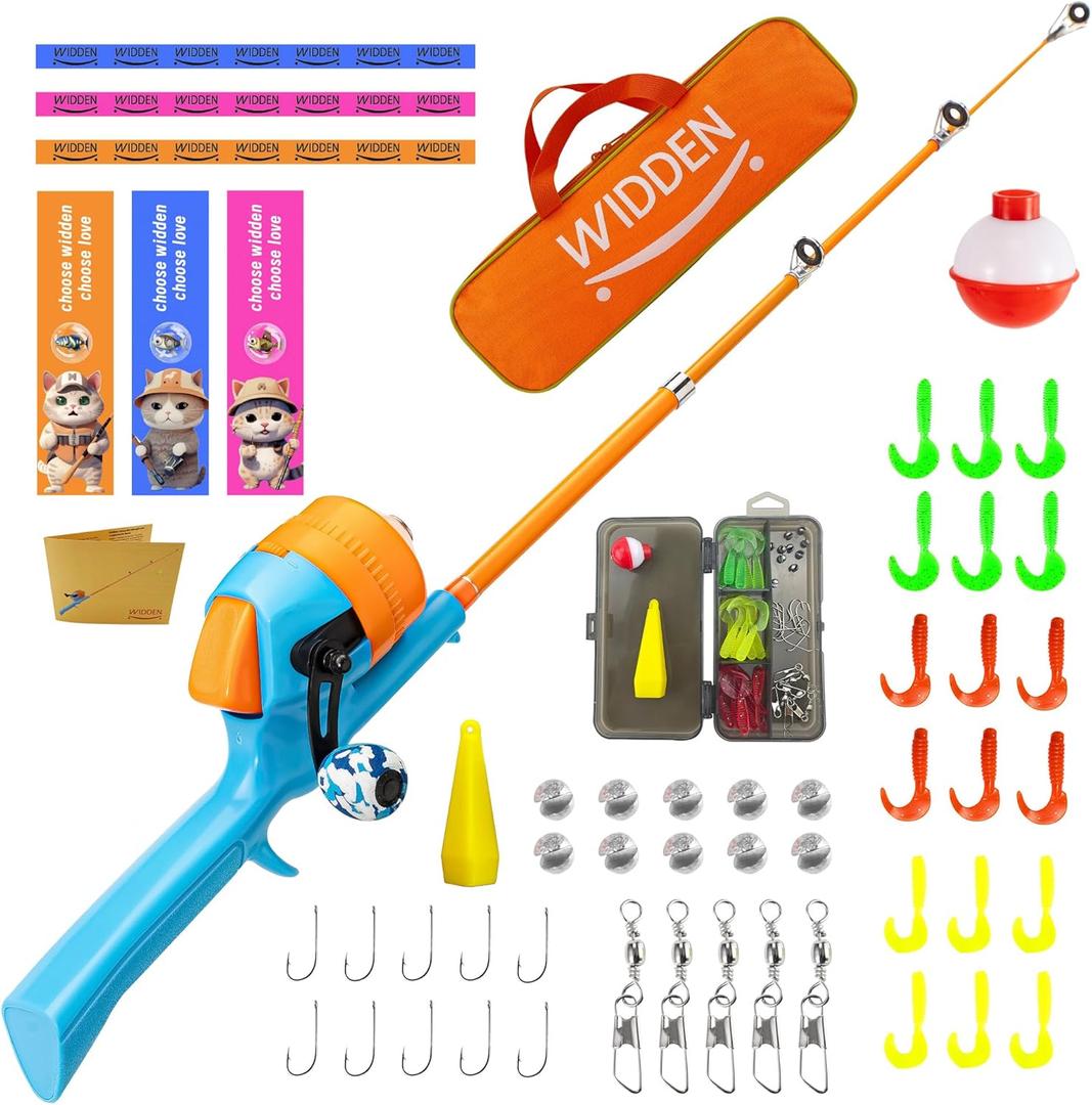WIDDEN Kids Fishing Pole, Telescopic Fishing Rod, Toddler Collapsible Fishing Rod and Reel Combo with Tackle Box, Fishing Line, Bobber, and Soft Lures for Boy, Girl, Youth, Beginner, Over 4 Years Old (orange)