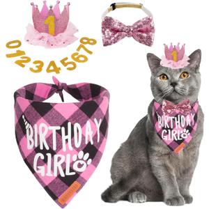 ADOGGYGO Cat Birthday Party Supplies, Birthday Girl Plaid Kitten Bandana, Pink Cat Party Hat with Numbers, Bowtie (Pink)