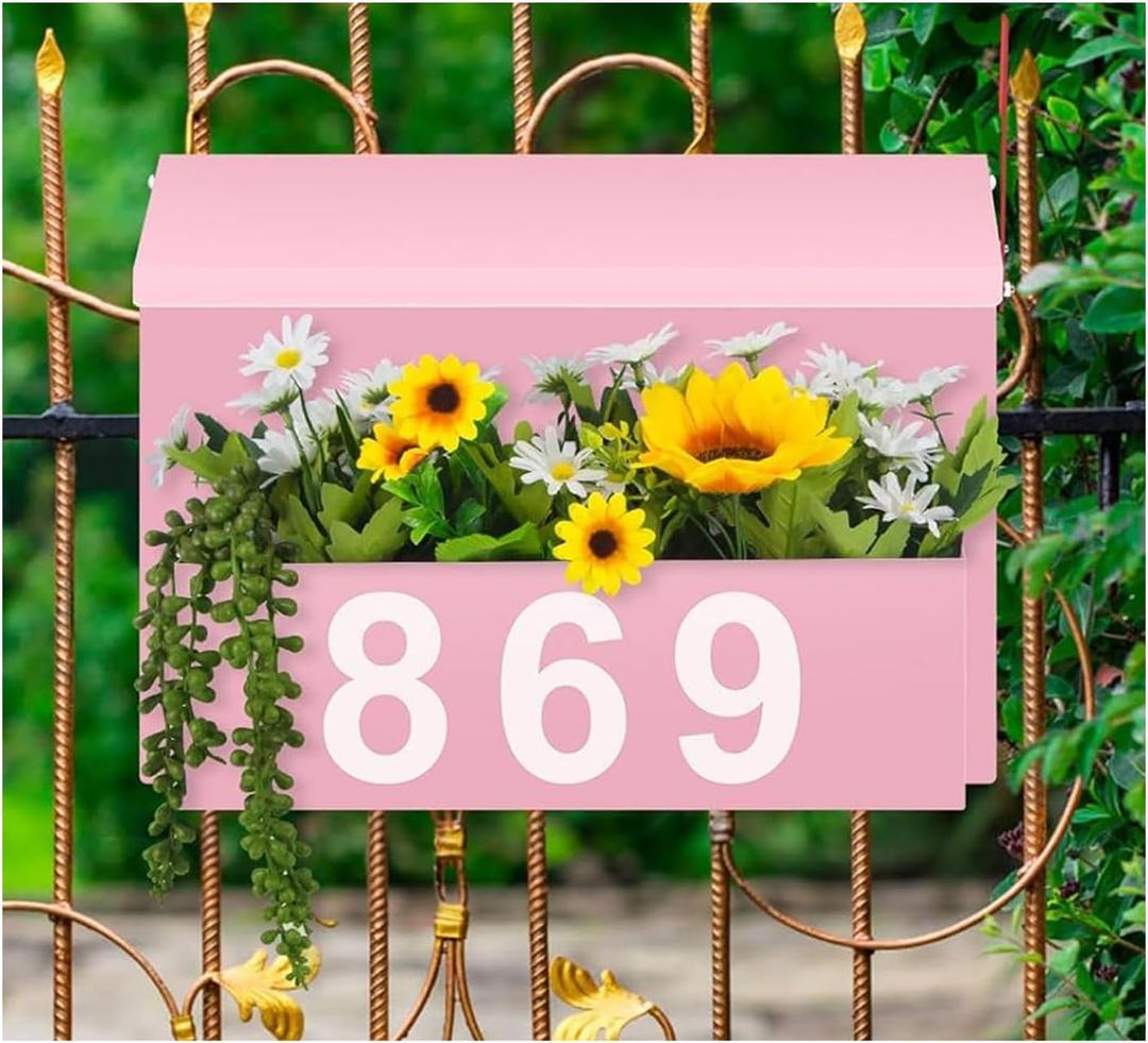 Wall-Mount Mailbox with Flag, Large Capacity Mailboxes for Outside House with Planter & 3 Sets of 0-9 Mailbox Number Stickers, Galvanized Steel Rust-Proof Post Box Metal Mail Box, 13.8"W*9.8"H*3.9"D (Pink)