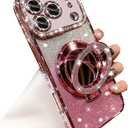 Magnetic Kickstand Glitter Case for iPhone 17 Pro,[Compatible with Magsafe] Cute Bling Sparkly Rhinestone with Camera Lens Protector&Makeup Mirror Women Girls Case for iPhone 17 Pro 6.3",Pink