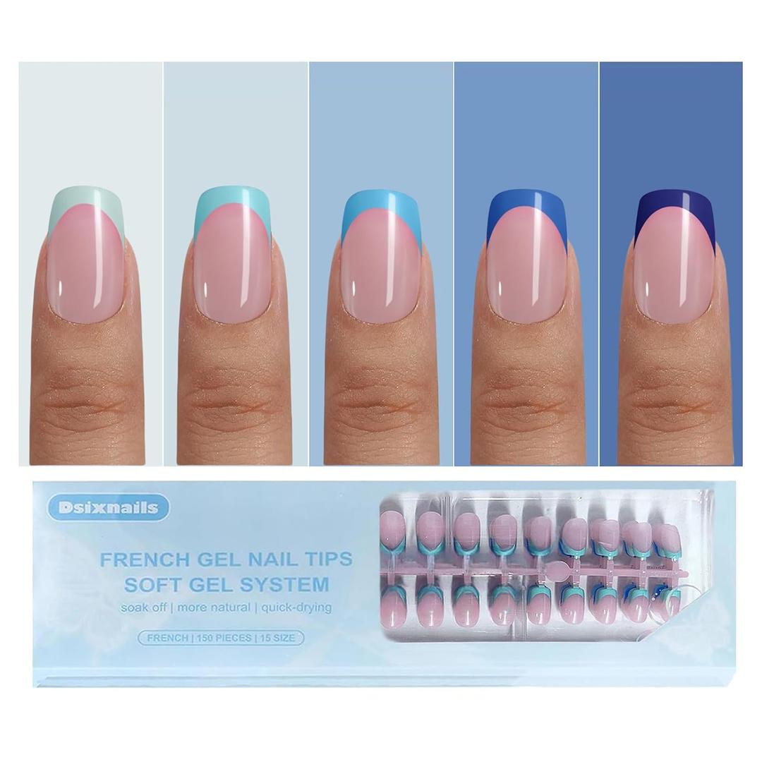 2 x 150pcs Blue French Tip Press on Nails, Short Soft Gel Nail Tips in 15Sizes, Pre-lasting Soak Off Square Acrylic Fake Nails, No Need to File False Nail Tips Extension for Women Girl Nails