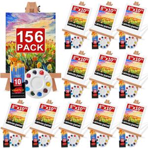 156 Pack Easel and Canvas Sets with 13 Wood Easels,120 Brushes,12 Canvas and 12 Palette, Painting Set, Tabletop Easel, Art Easels, Painting Supplies for Kids & Adults to Paint Party