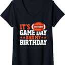 Womens American Football Birthday Boy It's Game Day And My Birthday V-Neck T-Shirt, Size Ladies S